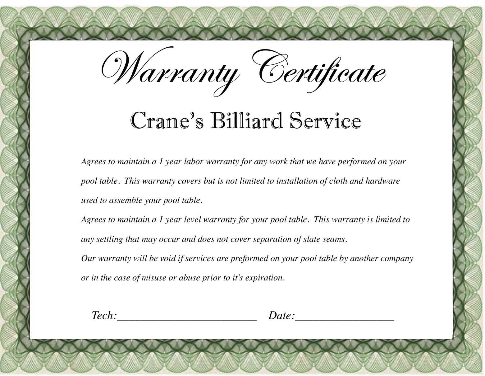 Warranty Certificate